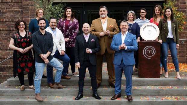 MasterChef Australia's judges with past winners including Julie Goodwin, Kate Bracks, Andy Allen and Adam Liaw