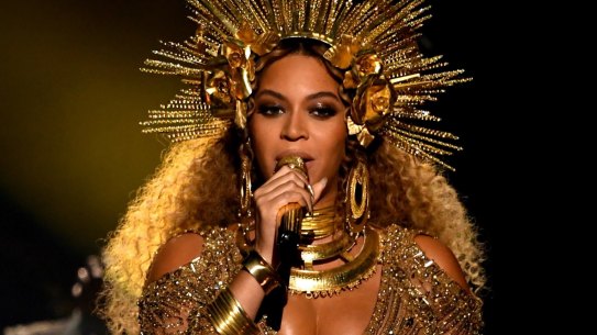 A heavily pregnant Beyonce performing at the Grammy Awards earlier this year.