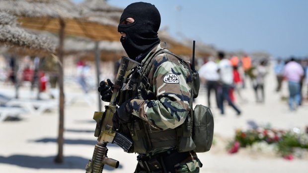 Tunisian armed forces patrol Marhaba beach in Sousse after the June 2015 attack.