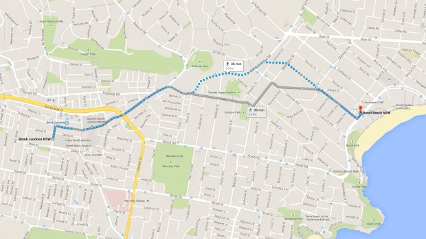 NSW Transport Management Centre advises people should walk from Bondi Junction to Bondi Beach.