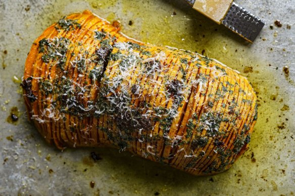 Give a pumpkin half the Hasselback treatment.