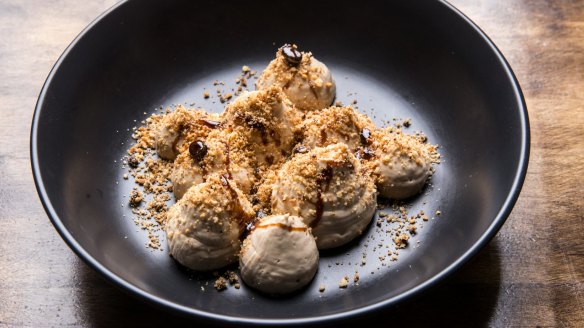 White chocolate and espresso mousse with biscotti crumbs.