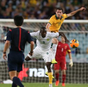 Ryan McGowan in action for the Socceroos against South Africa.