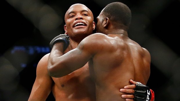 "To come here and fight and win is the best": Anderson Silva, left, embraces Derek Brunson after their bout. 