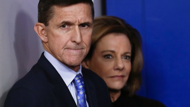 Then-National Security Adviser Michael Flynn, joined by K.T. McFarland, deputy national security adviser at daily news briefing at the White House in February.