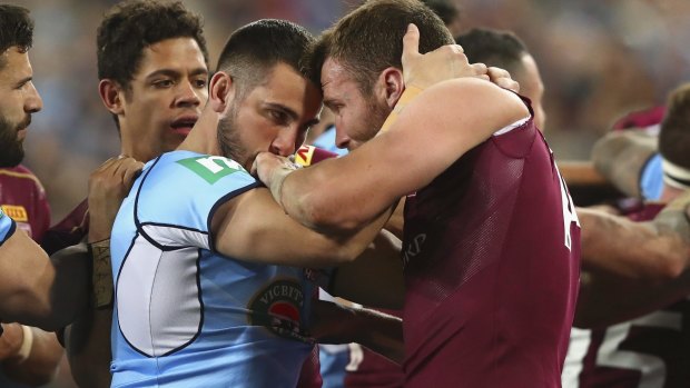 This is serious: Jack Bird and Gavin Cooper clash during game three last year.