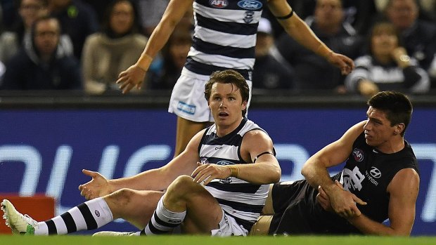 Patrick Dangerfield was suspended for one match for this tackle on Matthew Kreuzer.