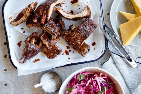 Smoky glazed pork ribs with slaw and cornbread. 