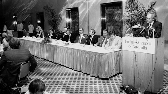 At the BCA launch in 1983. Pictured are: Don Hughes, John Cain, Bob White, Arvi Parbo, Bob Hawke, Milton Brideland, John Bannon, Cliff Allen and Andrew Peacock. 
