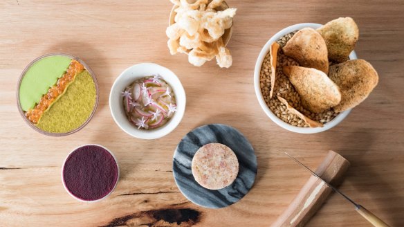 Snacks including pork terrine; lavosh and chicken liver parfait.