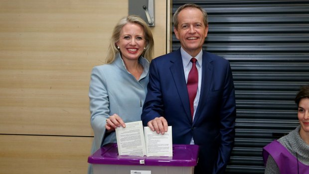 Opposition Leader Bill Shorten together with wife Chloe cast their votes at the Moonee Ponds West Primary School in Moonee Ponds.