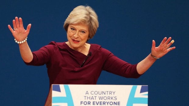 British Prime Minister Theresa May delivers the closing speech at the Conservative Party's annual conference in Birmingham on Wednesday.