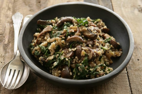 Farro with mushrooms and silverbeet is a simple autumn dinner. 