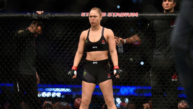 Ronda Rousey waits in her corner before facing Holly Holm in their women's bantamweight championship bout during the UFC 193 event at Etihad Stadium on November 15, 2015, in Melbourne.