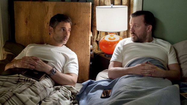Erica Bana and Ricky Gervais in the new Netflix comedy, <i>Special Correspondents</i>.