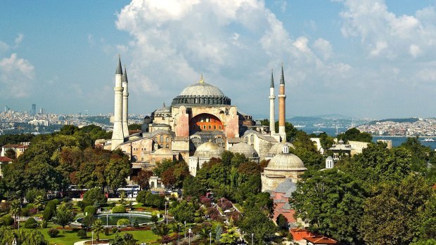 Hagia Sophia features superb Byzantine mosaics in gold, dark green and blue.