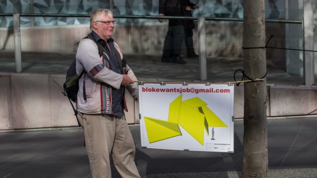 Mick Dempsey takes a novel approach to trying to find a job in Collins Street this week.