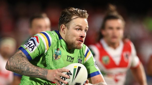 The Raiders' Blake Austin looks for an opening against the Dragons on Thursday night.