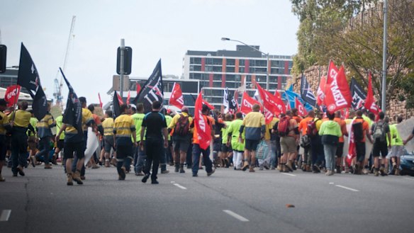 After a rally in Centenial Place, union protestors marched to Fortitude Valley.