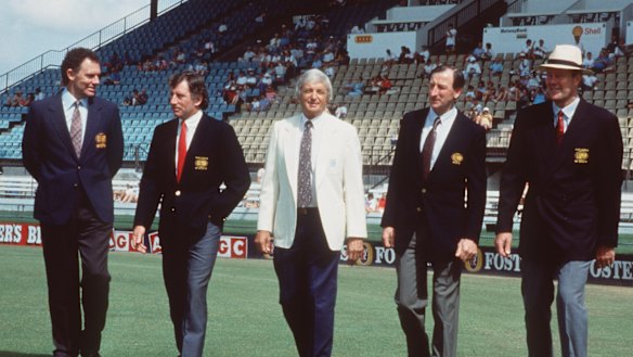 The Channel Nine commentary team of Greg and Ian Chappell, Richie Benaud, Bill Lawry and Tony Greig in 1998.