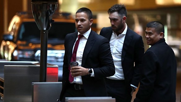 United: Australian cricketers Usman Khawaja and Glenn Maxwell arrive for the emergency meeting.