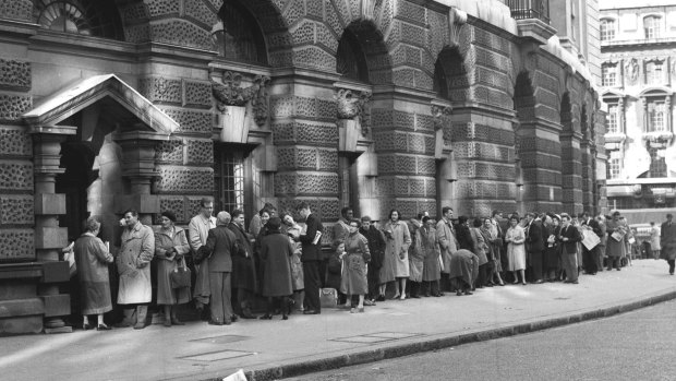 Londoners queue outside the Old Bailey courtrooms in 1960 for admission to the public gallery to observe the 'Lady Chatterley's Lover' case.