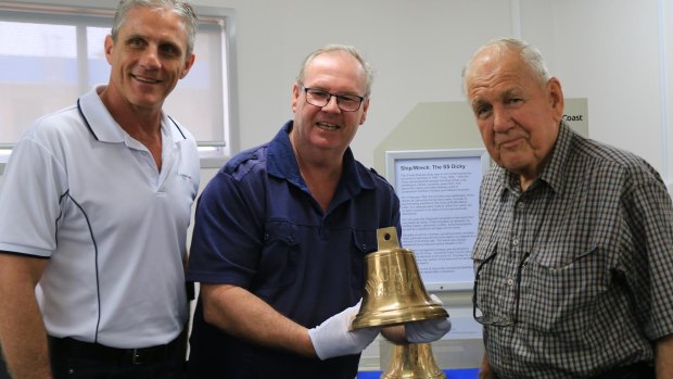 From left, Cr Tim Dwyer, Landsborough Historical Society Management Committee member Tim Venter and Peter Olds with one of the SS Dicky replica bells, which will be on public display at the Landsborough Museum.