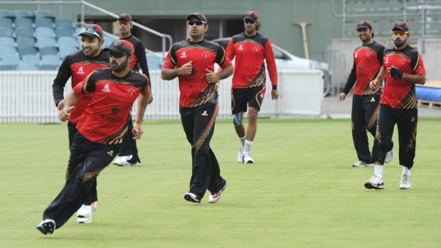 The Afghanistan World Cup cricket team at their training session on Manuka Oval on Monday.
