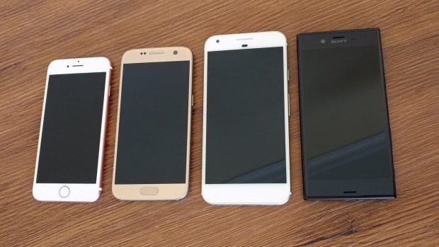 The XZ doesn't look like other 2016 phones. From left: the iPhone 7, Galaxy S7, Pixel XL and Xperia XZ.