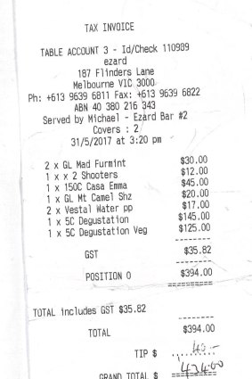 The bill, please: receipt for lunch with architect Karl Fender.