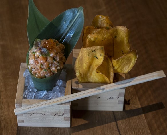 The salmon tartare with crispy sweet potato wafers at Toko.