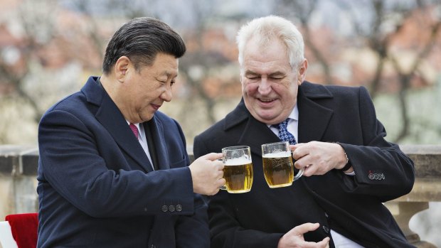 Czech Republic's President Milos Zeman, right, clinks glasses with Chinese President Xi Jinping earlier this year.