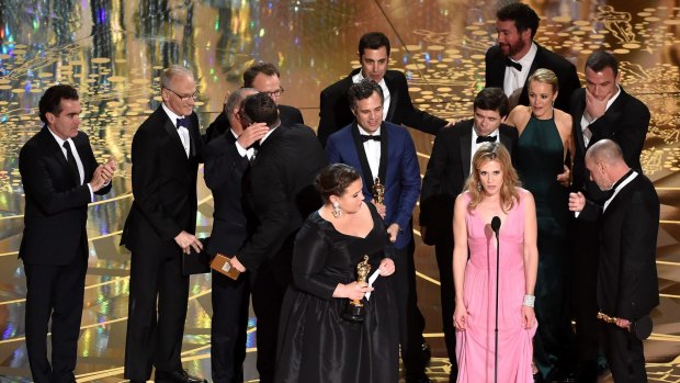 Cast and crew of ''Spotlight'' at the  Academy Awards. 