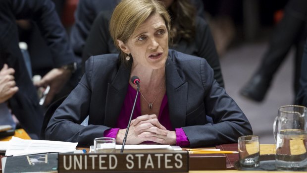 The US ambassador to the UN Samantha Power addresses the UN Nations Security Council, after the council voted on condemning Israel's settlements.
