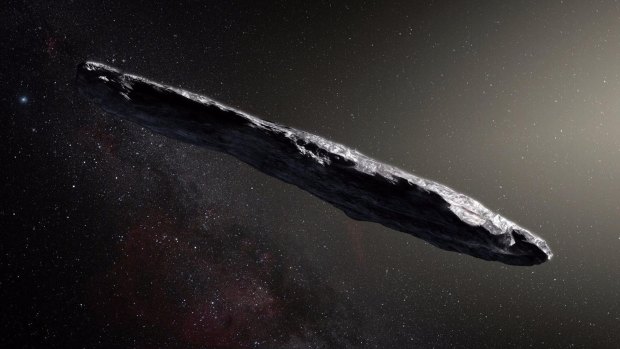 An artist's impression of the interstellar asteroid Oumuamua.