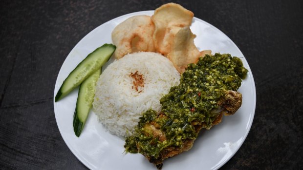 Ayam cabe ijo, fried chicken with green chilli relish.