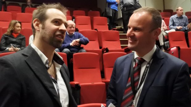 <i>Blue World Order</i> director Che Baker with Chief Minister Andrew Barr at the launch of the Canberra International Film Festival. Mr Barr has a cameo in the sci-fi film.