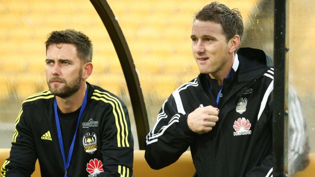 Phoenix co-coaches Des Buckingham (left) and Chris Greenacre look on during the round 13 A-League match between Wellington and Adelaide United at Westpac Stadium on January 1.