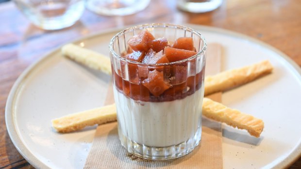 Buttermilk pudding with spiced quince and grissini-style shortbread.