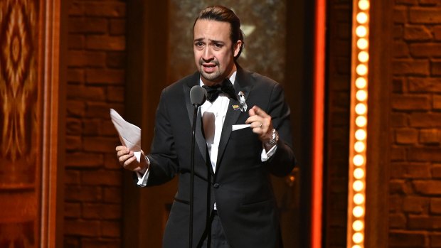 Songwriter Lin-Manuel Miranda's emotional speech after accepting the Tony award for best book of a musical for <i>Hamilton</i>.
