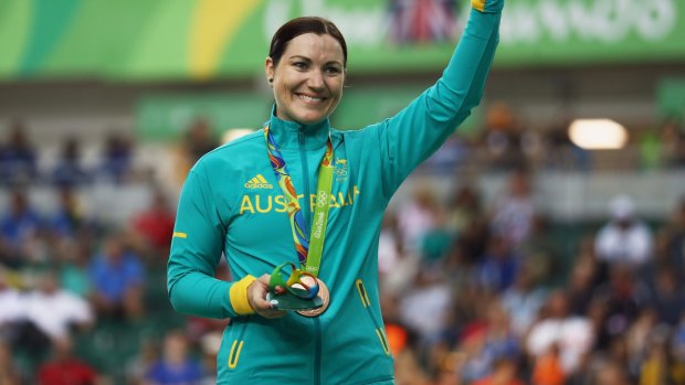 Nearing the end of a magical career?: Anna Meares celebrates on the podium at the medal ceremony for the women's keirin.