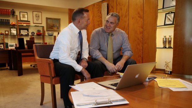 Prime Minister Tony Abbot and Treasurer Joe Hockey pore over the budget, guaranteed to surprise only its ommissions.