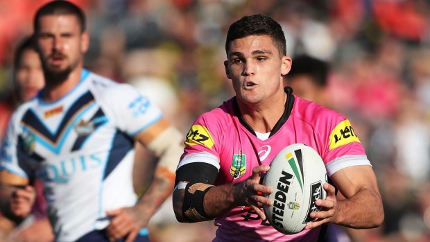 Playmaker: Nathan Cleary shows the ball against the Titans.