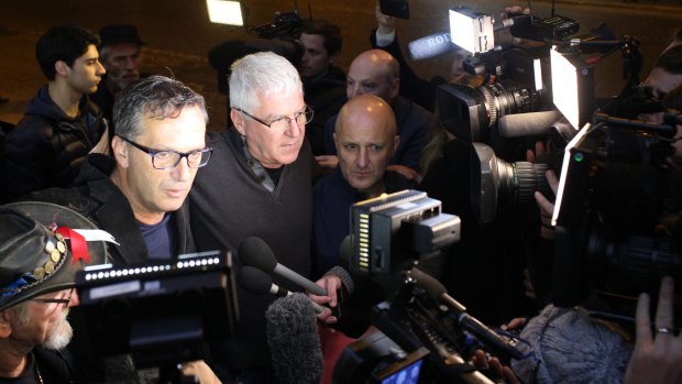 Child sex abuse survivors David Ridsdale, Phil Nagle and Andrew Collins speak to the media in Rome. The group says their request to meet the pope was never received.
