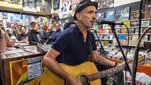 Paul Kelly performing with Vika and Linda at Greville Records as part of World Record Day celebrations in Melbourne.