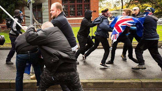 Members of True Blue Crew are met with violence from the leftist group ANTIFA outside a Coburg primary school on Saturday.