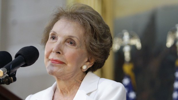 Nancy Reagan speaks in the Capitol Rotunda in Washington in 2009, 