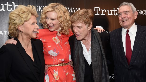 (From left) Mary Mapes, Cate Blanchett, Robert Redford and Dan Rather attend a screening of <i>Truth</i>. 