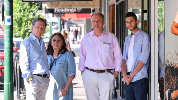 Owners and managers of Glenferrie Road businesses (left to right) Dave Desson of Debonaire Dry Cleaners, Desiree Boardman, of Readings, Taras Maciburko from Cafe Blac and Chanel Dubuisson, from Laurent Patisserie.