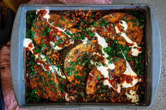 One-dish wonder: Spiced pumpkin wedges with tomato and pearl barley.